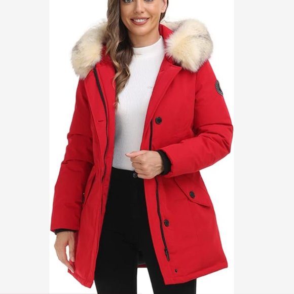 PUREMSX Women's Puffer Jacket Duck Down Insulated Long Thick Winter Fur Hood NWT